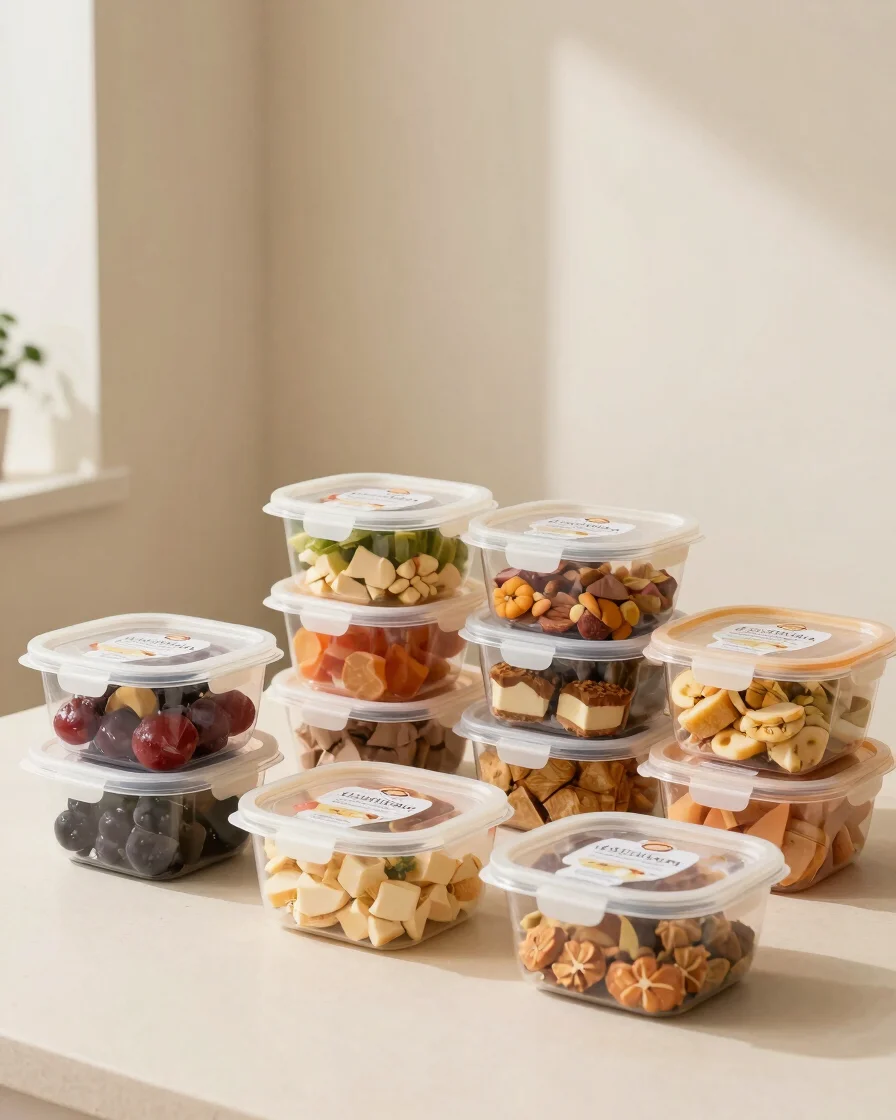 Editorial food product photography, a neatly arranged set of freshly packed food containers on a clean light surface, so